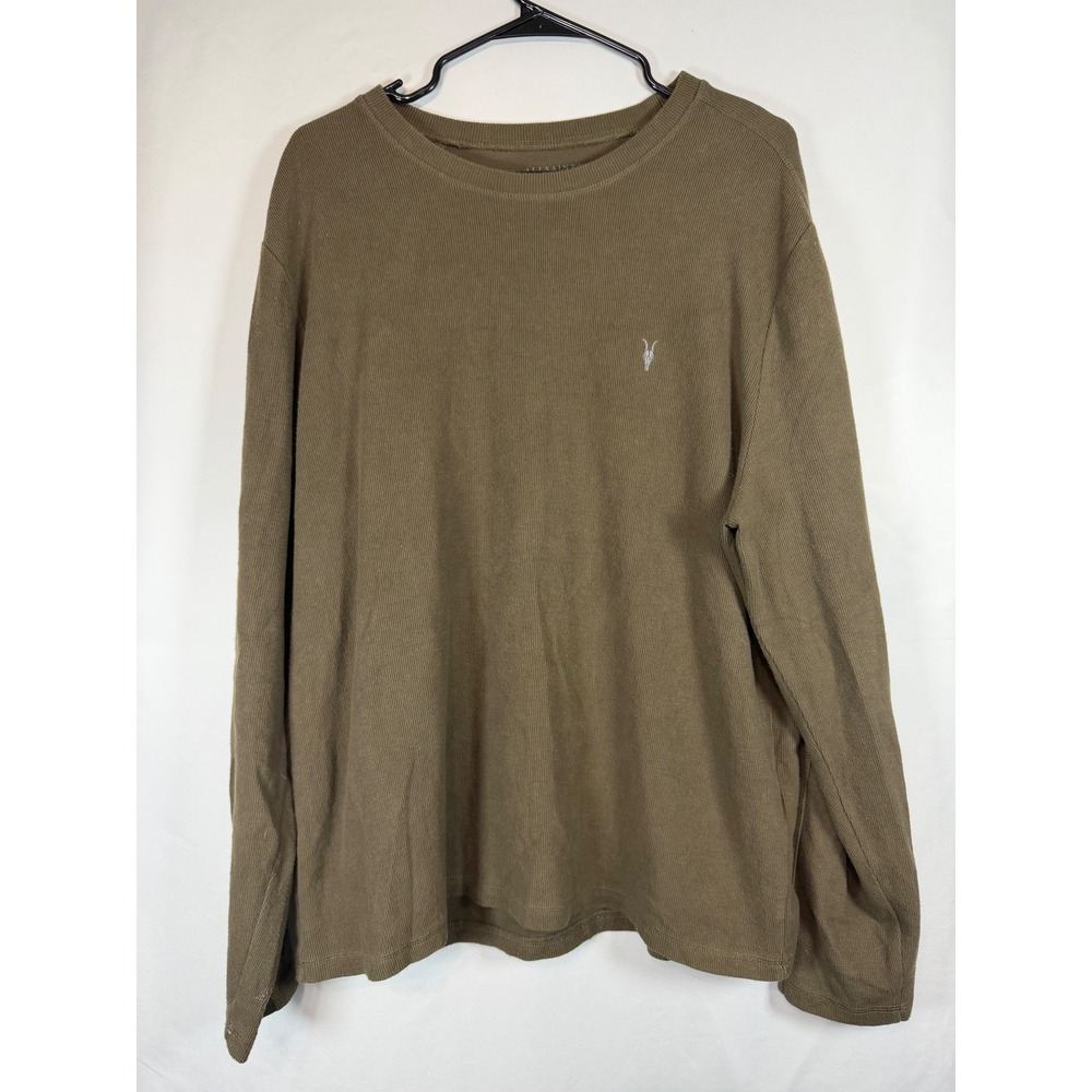 AllSaints Mens XL Relaxed Fit Organic Cotton Waffle Knit Shirt Olive Brown